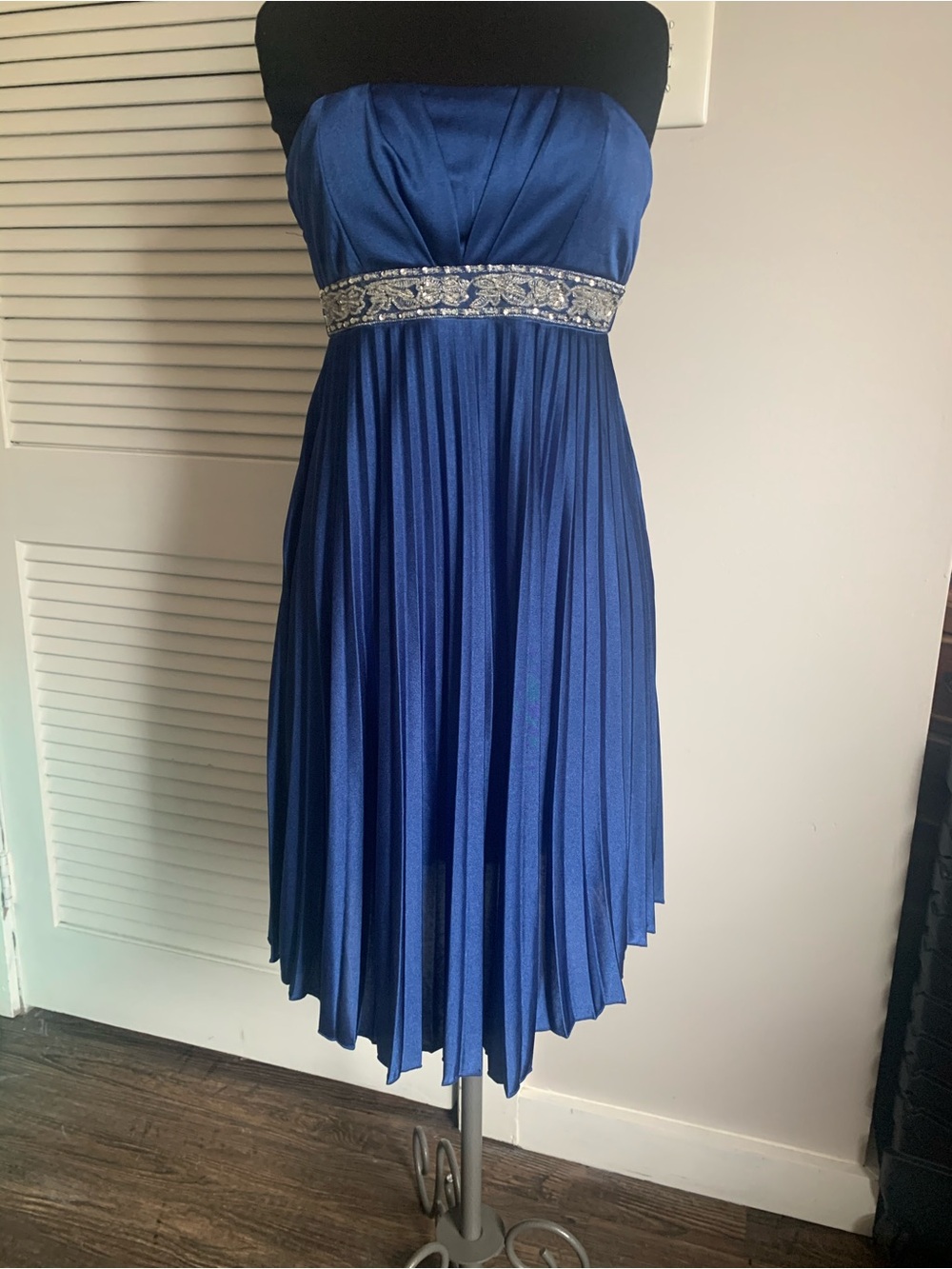 Strapless Royal Blue Pleated Cocktail Dress with Embellished Waist